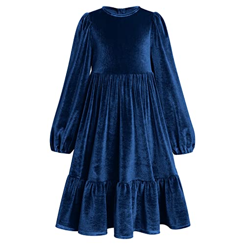 Kinder Mädchen Weihnachten Kleid Lange Ärmel Samt Herbst Winter Kleidung Prinzessin A Linie Einfarbig Rüsche Partykleid Geburtstag Festlich Festzug Ballkleid Dunkelblau 11-12 Jahre von IMEKIS