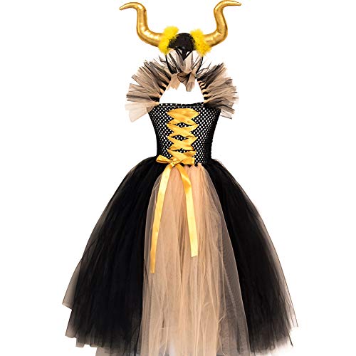 Kinder Maleficent Kost?m M?dchen Prinzessin Fancy B?se K?nigin Verkleiden Handgemachtes Gestricktes T?llkleid mit Horn Stirnband B?se Hexe Halloween Karneval Cosplay Party Outfit Gold 8-9 Jahre von IMEKIS