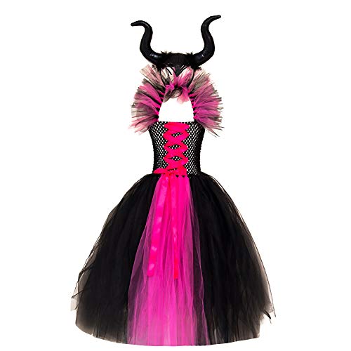 Kinder Maleficent Kostüm Mädchen Prinzessin Fancy Böse Königin Verkleiden Handgemachtes Gestricktes Tüllkleid mit Horn Stirnband Böse Hexe Halloween Karneval Cosplay Party Outfit Rose 6-7 Jahre von IMEKIS