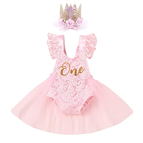 Kleinkind Baby Mädchen Spitze Strampler Kleid Prinzessin Fliegenärmel Rückenfrei Body Tüllrock mit Blumenkrone Stirnband 2tlg Geburtstags Party Outfit Rosa 9-12 Monate von IMEKIS