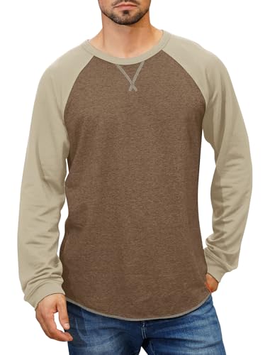 Langarmshirt Herren Langarm Raglan Kontrast T-Shirt Casual Lose Fit Baseball-T-Shirts Rundhalsausschnitt Basic Tops Männer Freizeithemd Kaffee L von IMEKIS