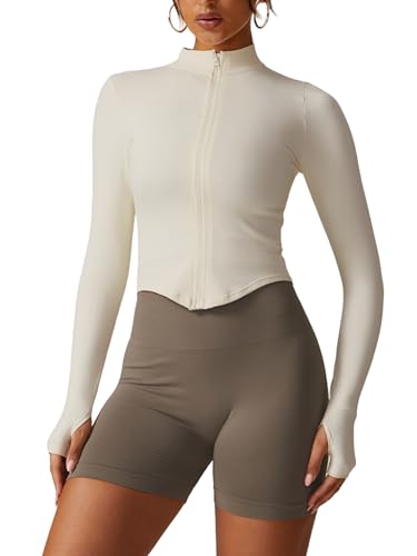 Laufjacke Damen Sportjacke Langarm Gym Tops Reißverschluss Fitness Yoga Shirt Workout Training Crop Top mit Daumenloch Beige S von IMEKIS