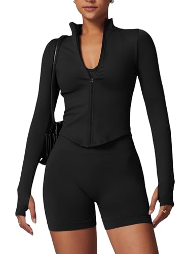 Laufjacke Damen Sportjacke Langarm Gym Tops Reißverschluss Fitness Yoga Shirt Workout Training Crop Top mit Daumenloch Schwarz S von IMEKIS