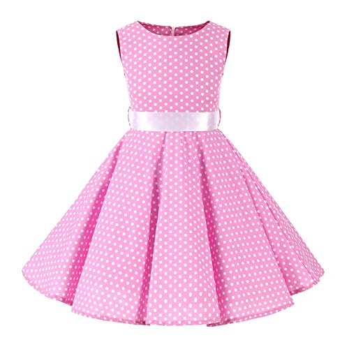 Mädchen Blumendruck Sommerkleid Vintage 1950er Polka Dots Partykleid Prinzessin Baumwolle Hochzeit Geburtstag Abendkleid A Linie Ärmellos Retro Swing Faltenkleid mit Hüftgurt Rosa 7-8 Jahre von IMEKIS