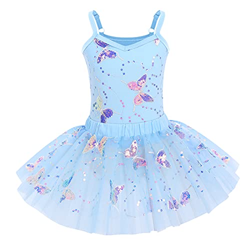 IMEKIS Mädchen Glänzend Pailletten Ballett Trikot Kleid Prinzessin Ärmellose Fee Schmetterling Ballerina Dancewear Gymnastik Ballettanzug mit Tüll Tutu Rock Tanz Kostüm Blau 9-10 Jahre von IMEKIS