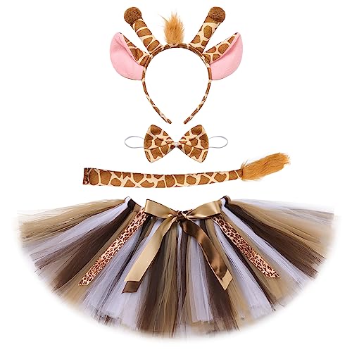 Mädchen Halloween Tier Kostüm Giraffe Tiger Zebra AFFE Verkleidung Handgemachte Tüll Tutu Rock mit Ohr Stirnband Fliege und Schwanz Kinder Dschungel Outfit Braun-Giraffe 7-8 Jahre von IMEKIS