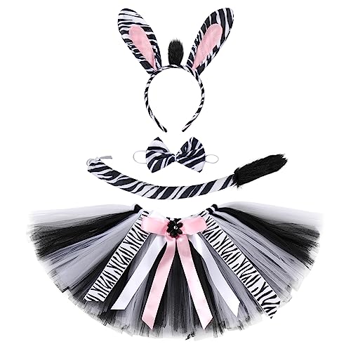 Mädchen Halloween Tier Kostüm Giraffe Tiger Zebra AFFE Verkleidung Handgemachte Tüll Tutu Rock mit Ohr Stirnband Fliege und Schwanz Kinder Dschungel Outfit Weiß-Zebra 7-8 Jahre von IMEKIS