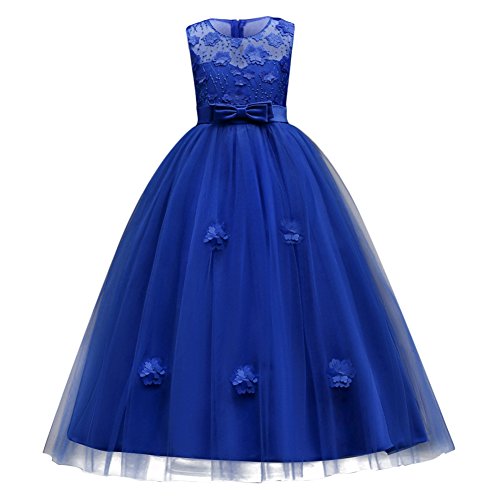 Mädchen Prinzessin Kleid Blume Brautjungfer Hochzeitskleid Ärmellose Stickerei Partykleid Tüll Spitze Ballkleid Geburtstag Festzug Abendkleid Festlich Cocktail Lange Maxikleid Königsblau 11-12 Jahre von IMEKIS