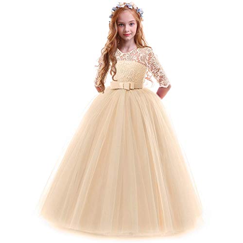 Mädchen Prinzessin Kleid Elegant Blumen Spitze Partykleid Brautjungfer Hochzeitskleid Geburtstag Tüll Maxikleid Festlich Kommunion Abendkleid Cocktailkleid Festzug Ballkleid Champagner 5-6 Jahre von IMEKIS