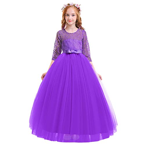 Mädchen Prinzessin Kleid Elegant Blumen Spitze Partykleid Brautjungfer Hochzeitskleid Geburtstag Tüll Maxikleid Festlich Kommunion Abendkleid Cocktailkleid Festzug Ballkleid Dunkel Lila 5-6 Jahre von IMEKIS