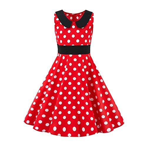 Mädchen Vintage 1950er Jahre Kleid Polka Dots Blumendruck Partykleid Prinzessin Baumwolle Hochzeit Geburtstag Abendkleid A Linie Ärmelloses Retro Swing Faltenkleid Casual Sommerkleid Rot 11-12 Jahre von IMEKIS