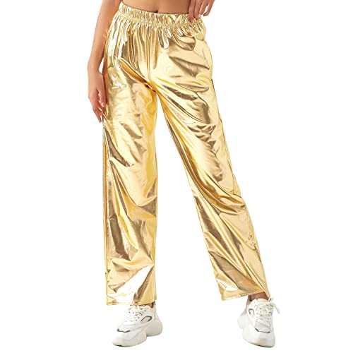Metallic Hose Damen Glänzend Holographisch Joggerhose 80er 90er Jahre Hip Hop Tanzhose Clubwear Casual Elastische Hohe Taille Lang Hosen mit Taschen Streetwear Rave Outfit Gold L von IMEKIS