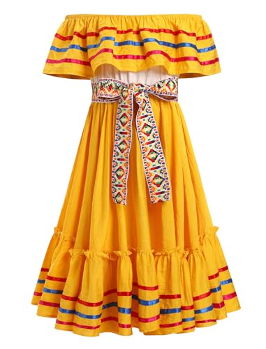 Mexikanisches Sommerkleid Mädchen Off Shoulder A-Linie Farbenblock Rüsche Freizeitskleid Kinder Cinco De Mayo Fiesta Senorita Halloween Karnevalkleid mit Gürtel Gelb 5-6 Jahre von IMEKIS