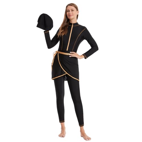 Muslimischer Badeanzug für Damen Hijab Burkini Langarm Bodysuit Rash Guard mit Rock Surfen Bademode 3tlg Volle Abdeckung Islamischer Badeanzug Bescheidenes Schwimmanzug Schwarz 3XL von IMEKIS