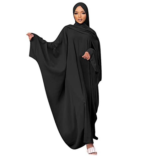 Muslimisches Kleid f?r Frauen Hijab Abaya Fledermaus?rmel Islamisches Maxi Gebetskleid Einfarbig Lose Jilbab in ?bergr??e Naher Osten Dubai T?rkei Arabisch Khimar Kaftans Schwarz+Hijab One Size von IMEKIS