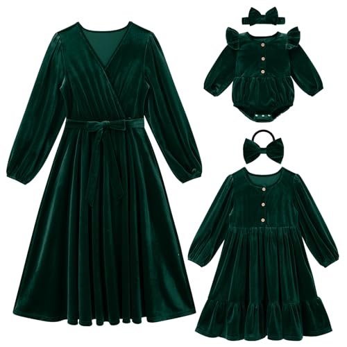 Mutter Tochter Weihnachten Passendes Kleid Damen M?dchen Langarm Samt Herbst Winter Kleid Eltern und Kind Partnerlook Kleid Weihnachten R?schen Swing Kleid Dunkelgr?n 3-4 Jahre von IMEKIS