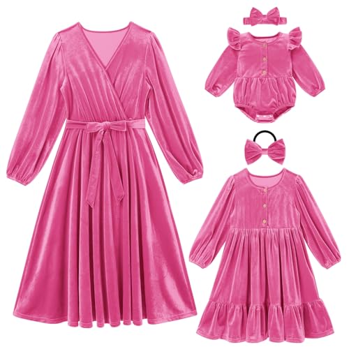 Mutter Tochter Weihnachten Passendes Kleid Damen Mädchen Langarm Samt Herbst Winter Kleid Eltern und Kind Partnerlook Kleid Weihnachten Rüschen Swing Kleid Rose 8-9 Jahre von IMEKIS