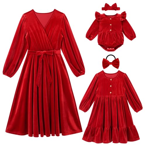 Mutter Tochter Weihnachten Passendes Kleid Damen Mädchen Langarm Samt Herbst Winter Kleid Eltern und Kind Partnerlook Kleid Weihnachten Rüschen Swing Kleid Rot 4-5 Jahre von IMEKIS