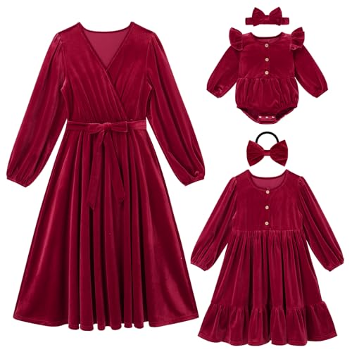 Mutter Tochter Weihnachten Passendes Kleid Damen Mädchen Langarm Samt Herbst Winter Kleid Eltern und Kind Partnerlook Kleid Weihnachten Rüschen Swing Kleid Weinrot 6-7 Jahre von IMEKIS