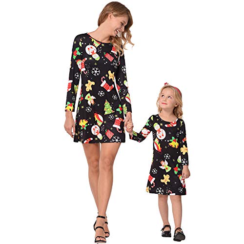 Mutter Tochter Weihnachtskleid Damen Mädchen Weihnachtskostüm Langarm Schneemann Weihnachtsmann Partykleid A Linie Swing Familie Passendes Weihnachtsfeier Kleid 2XL von IMEKIS