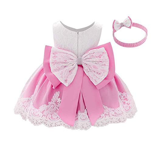 Neugeborenes Baby Blumenmädchen Kleid Spitze Prinzessin Bowknot Partykleid Hochzeit Festlichkleid Geburtstag Taufkleid Formale Outfit Kleinkind Kinder Festzug Tutu Ballkleid Dunkel Rosa 12-18 Monate von IMEKIS