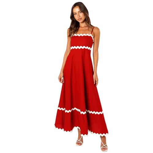 Sommerkleid Damen Boho Strandkleid Ärmellos Kontrastfarbe Rickrack Trim Casual Urlaubskleid A-Linie Gesmokte Swing Maxi Lang Kleid Rot M von IMEKIS