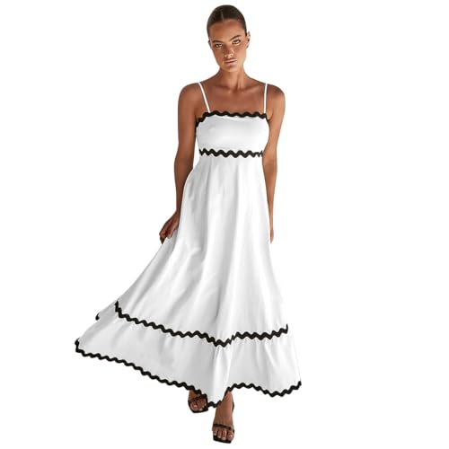 Sommerkleid Damen Boho Strandkleid Ärmellos Kontrastfarbe Rickrack Trim Casual Urlaubskleid A-Linie Gesmokte Swing Maxi Lang Kleid Weiß XL von IMEKIS