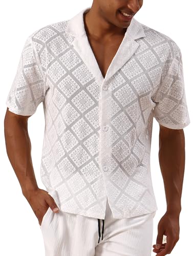 Spitze Transparent Hemd Herren Kurzarm Button Down Shirt Männer Nachtclub Muskel Party Rave Tops Freizeitshemd für Strand Urlaub Weiß M von IMEKIS