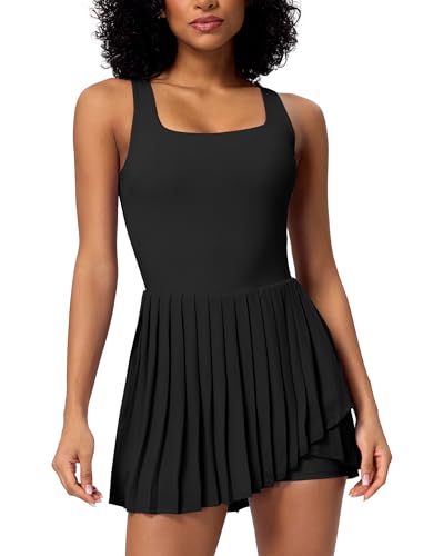 Tenniskleid Damen Ärmellos Cutout Plissee Golfkleid mit Hose Drunter Tasche Tennis Outfit A-Linie Sommer Mini Sportkleid Tenniskleidung Active Trainingskleid Schwarz L von IMEKIS