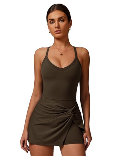 Tenniskleid Damen Golfkleid mit Integriertem BH und Shorts Einteiler Jumpsuit Sportkleid A-Linie V-Ausschnitt Crossback Minikleid Tennis Outfit Dunkelbraun L von IMEKIS