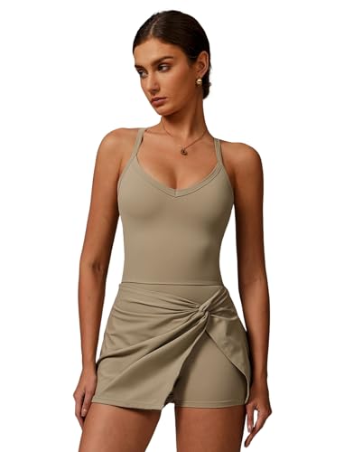 Tenniskleid Damen Golfkleid mit Integriertem BH und Shorts Einteiler Jumpsuit Sportkleid A-Linie V-Ausschnitt Crossback Minikleid Tennis Outfit Khaki M von IMEKIS
