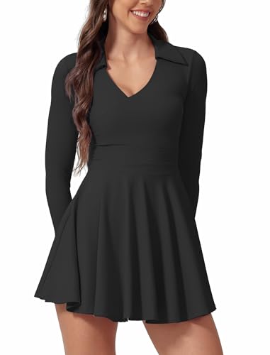 Tenniskleid Damen Langarm V-Ausschnitt Polokleid Golfkleid mit Shorts Tasche 2tlg Tennis Outfit A-Linie Mini Sportkleid Tenniskleidung Trainingskleid Schwarz M von IMEKIS