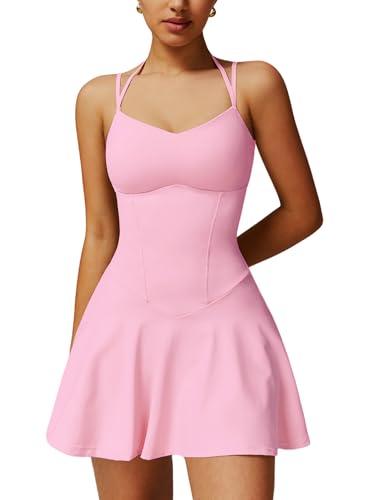 Tenniskleid Damen Strappy Golfkleid mit Integriertem BH und Shorts Einteiler Jumpsuit Sportkleid Tennis Outfit A-Linie Mini Trainingskleid Tenniskleidung Rosa XS von IMEKIS