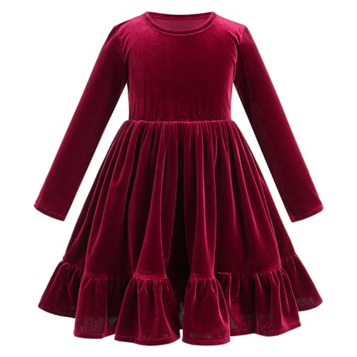 Weihnachtskleid für Kinder Mädchen Langarm Rüschen Samt Kleid Prinzessin A-Linie Weihnachten Abendkleid Elegant Herbst Winter Partykleid Geburtstag Hochzeitskleid Dunkelrot 7-8 Jahre von IMEKIS