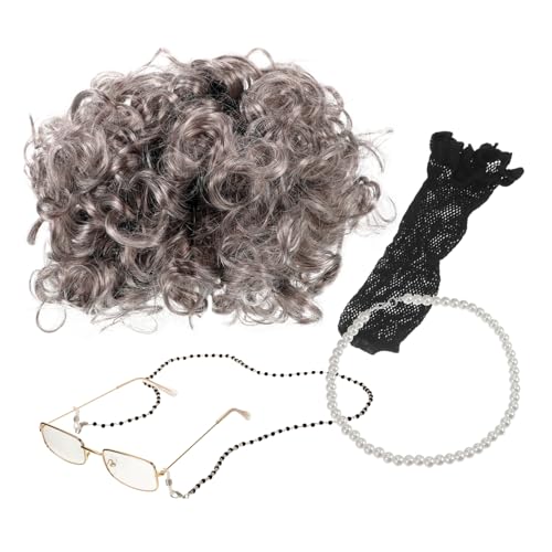 IMIKEYA 1Satz Kostüm Set Perücke für mit Brille Kette und Perlenhalskette für Fasching Halloween und Schulaufführungen von IMIKEYA