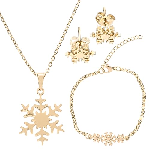 IMIKEYA 1Satz Schneeflocken Ohrstecker und Halskette Set Doppelschichtiges Armband Zarter Eisblumenschmuck Teiliges Set Goldene Handgelenkkette für Besondere Anlässe von IMIKEYA