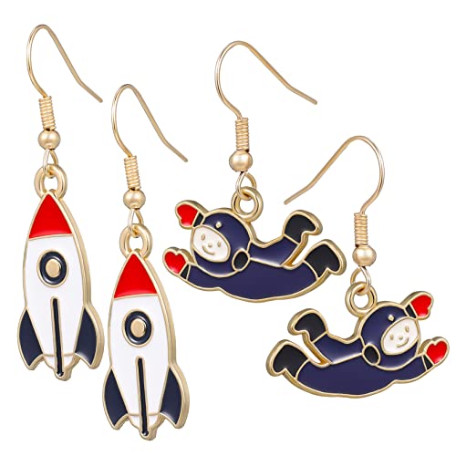 IMIKEYA 2 Paare Vintage Astronauten und Raketen Ohrringe Retro Dangle Ohrringe für Weltraumliebhaber für Alltag und Besondere Anlässe von IMIKEYA