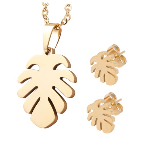 IMIKEYA 2 Satz Goldfarbenes Palmblatt Schmuckset Damen Halskette und Ohrstecker Tropisches Schmuckset für Alltag und Party Beach Accessoire Modisch Kombinierbar von IMIKEYA