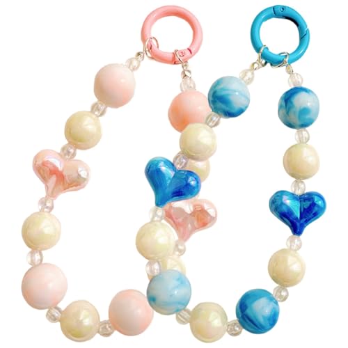 IMIKEYA 2 Stück Perlen mit Herzanhänger Farbenfrohe Kunststoff Handykette Stilvolle Schlüssel Telefon lanyards für Damen Robust und Angenehm Blau Hellrosa von IMIKEYA