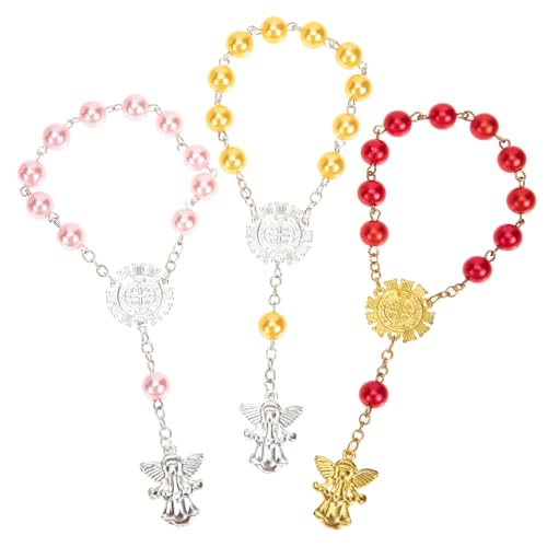 IMIKEYA 3 Stück Teiliges Rosenkranz Armband mit Silberfarbenem Engelanhänger Zarte Perlenkette für Kommunion Taufe und Shower Geschenkset Orange und Rot Eleganter Christlicher Schmuck von IMIKEYA