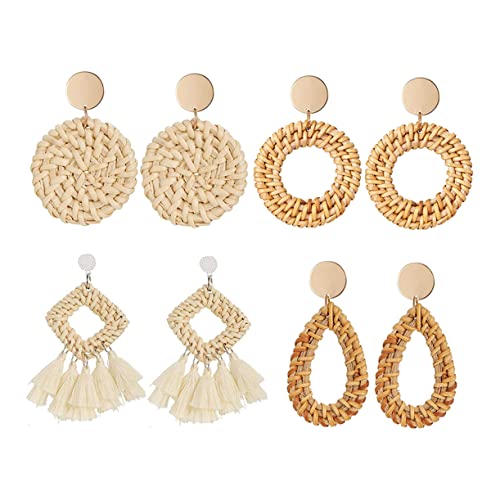 IMIKEYA 4 Paare Handgefertigte Rattan Ohrringe Set Geometrische Damen Ohrstecker Stilvolle Leichte Ear Jewelry für Alltag Dating und Besondere Anlässe Hautfreundlich und Modisch von IMIKEYA