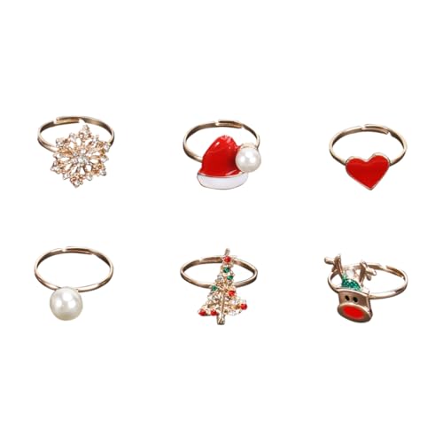 IMIKEYA 6 Stück Teiliges Weihnachtsringe mit Kreativen Elch Weihnachtsbaum und Schneeflockenmotiven Verstellbare Schmuckringe Langlebiger für Festliche Fingerdekoration von IMIKEYA