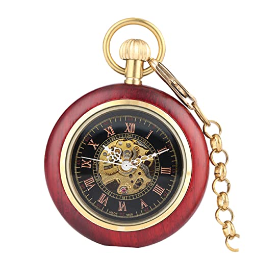 IMIKEYA Antike Taschenuhr Herren Rotkupfer Holzoptik Mechanisch Römische Ziffern Kette Vintage Uhr für Senioren Dekorativ und Praktisch Retro Taschenuhr von IMIKEYA