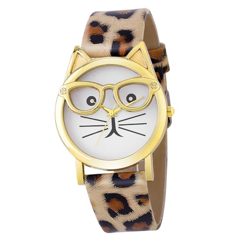 IMIKEYA Armbanduhr Mädchen Pu Lederband Niedliches Katzenmuster Modische Analoguhr Langlebig Praktisch Geschenk für Jugendliche Frauen von IMIKEYA