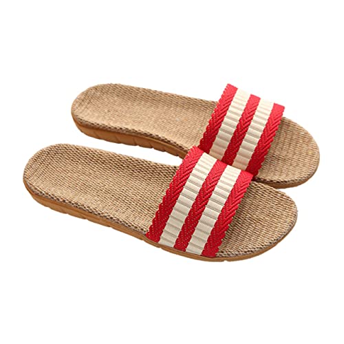 IMIKEYA Atmungsaktive Baumwoll Leinen Hausschuhe für Rutschfeste Flache Sommer Indoor Slipper Leichte Langlebige und Bequeme Slippers für Herren und Damen Rot von IMIKEYA