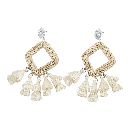 IMIKEYA Boho Ohrhänger Damen Retro Rattan Tassel Ohrringe Weiß Vintage Stil Leicht Ohrschmuck Elegant für Alltag und von IMIKEYA