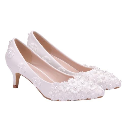 IMIKEYA Brautschuhe mit Spitzendesign Filigrane Spitzenblumen Bequeme PU Oberfläche Mittelhoher Absatz Romantisch für Hochzeit Party Abendveranstaltung und Festliche Anlässe von IMIKEYA