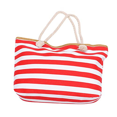 IMIKEYA Canvas Schultertasche Damen Leicht Gestreift mit Reißverschluss Strandtasche und Einkaufstasche für Freizeit Reisen Alltag Rot von IMIKEYA