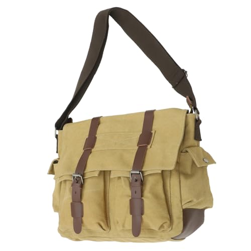 IMIKEYA Canvas Umhängetasche Laptoptasche Aktentasche Retro Design mit Fronttasche für Büro Business Schule Khakifarben Atmungsaktiv Stoßdämpfend Vielseitig für Dokumente und Laptop von IMIKEYA