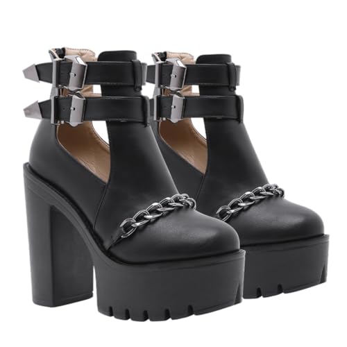 IMIKEYA Damen Ankle Boots mit Niet und Ketten Dicke Sohle Großer Absatz Komfortable Kurzstiefel aus PU und Kunstleder Rutschfest und Elastisch Modische Schwarze Schuhe von IMIKEYA